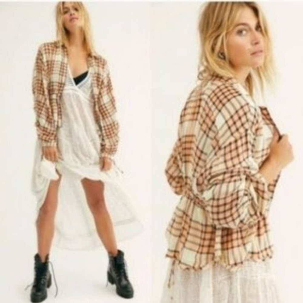 Free People Pacific Dawn Plaid Shirt Peachy - Picture 4 of 7